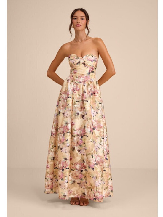 Lulus Dresses & Skirts - Lulus Kathani Yellow Floral Jacquard Bustier Maxi Dress Size Medium Strapless